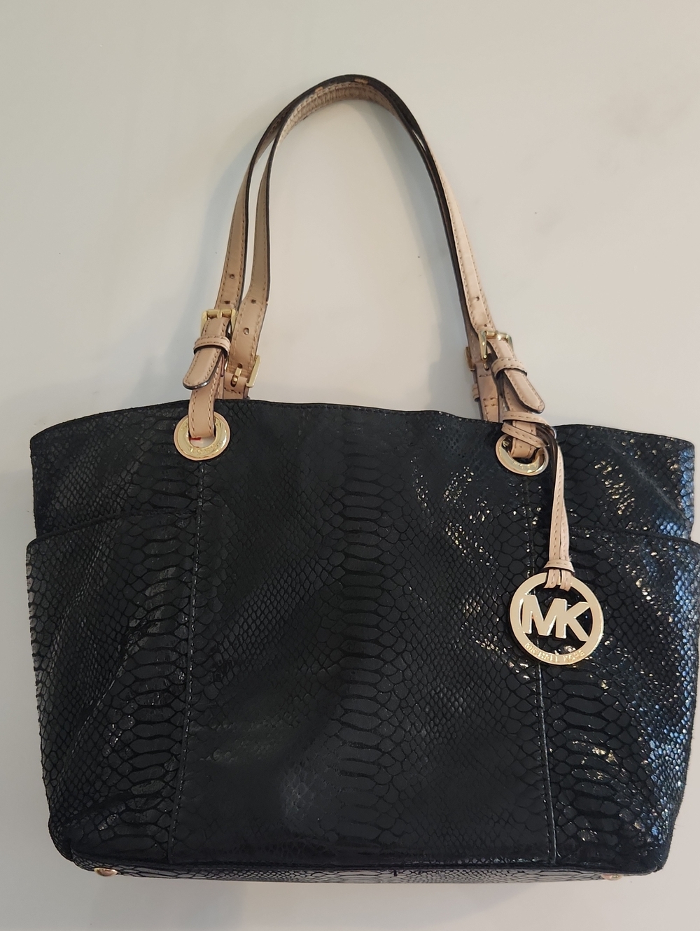 Michael Kors Black Snake-Embossed Tote with Tan Handles and Gold Hardware